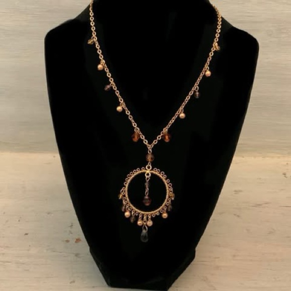 Cookie Lee Mocha Luster Faux Amber Beaded Gold Chain Pendant‎ Necklace NWT